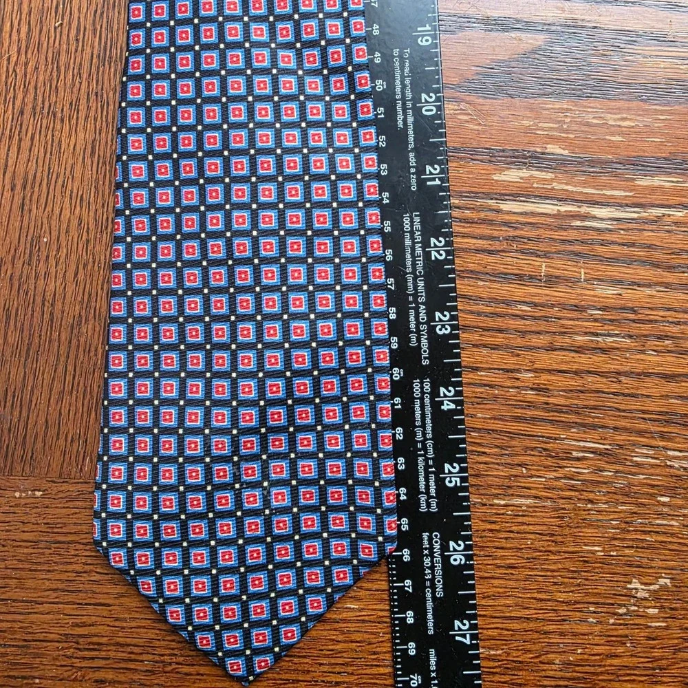 Polo Ralph Lauren Mens Silk Tie Red Blue Geometric Square Pattern‎ Necktie